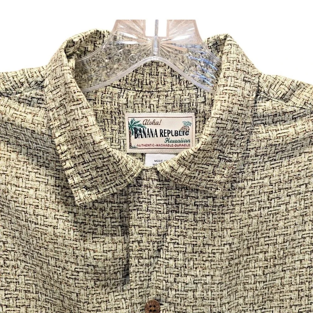VTG‎ Banana Republic Aloha Hawaiian Shirt S Rayon Coconut Button 90s Crosshatch